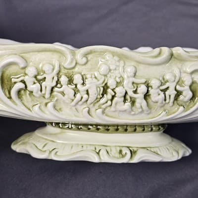 Relpo Pompei Porcelain Dish Green & White Cherubs Planter Victorian #5752 - Thumbnail 3