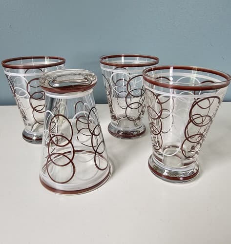 Four Mid-century 4oz Tumblers Barware Cocktail Glass Burgandy MCM - Thumbnail 4