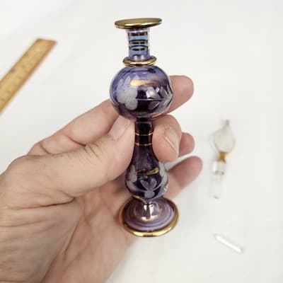 Vtg Hand Blown Perfume Bottle Gold Trim & Glass Dropper Ruffle Glam Blue 5.5’ - Thumbnail 9