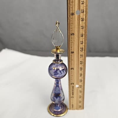 Vtg Hand Blown Perfume Bottle Gold Trim & Glass Dropper Ruffle Glam Blue 5.5’ - Thumbnail 4