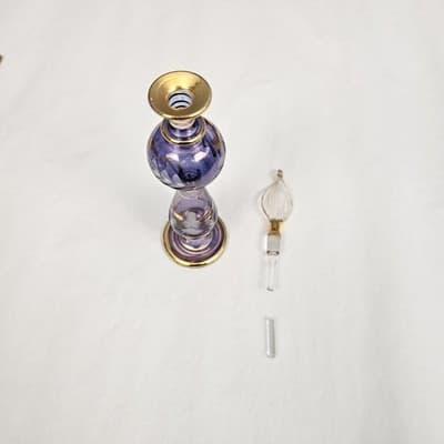 Vtg Hand Blown Perfume Bottle Gold Trim & Glass Dropper Ruffle Glam Blue 5.5’ - Thumbnail 5