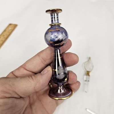 Vtg Hand Blown Perfume Bottle Gold Trim & Glass Dropper Ruffle Glam Blue 5.5’ - Thumbnail 8
