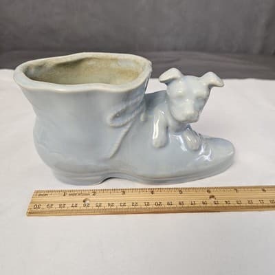 McCoy Dog Puppy with Victorian Shoe Light Blue MCM Planter Vintage - Thumbnail 9