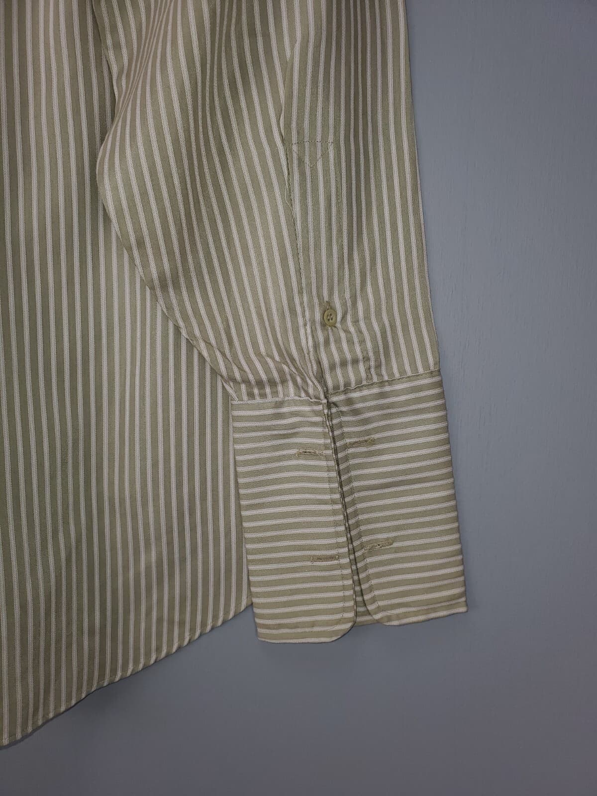 Grand Baroque Men's Button Up Dress Shirt 16 Pale Green White Vertical Stripes - Thumbnail 8