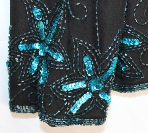 Nabi Womens Sequin XL Embroidery Vintage Black Turquoise Cover Up Silk Lining - Thumbnail 3
