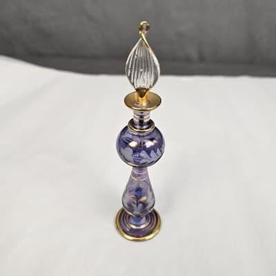 Vtg Hand Blown Perfume Bottle Gold Trim & Glass Dropper Ruffle Glam Blue 5.5’ - Thumbnail 2