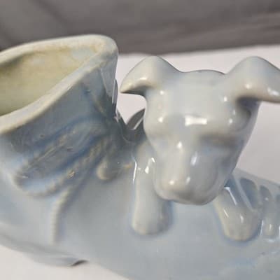 McCoy Dog Puppy with Victorian Shoe Light Blue MCM Planter Vintage - Thumbnail 3