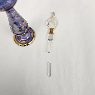 Vtg Hand Blown Perfume Bottle Gold Trim & Glass Dropper Ruffle Glam Blue 5.5’ - Thumbnail 6