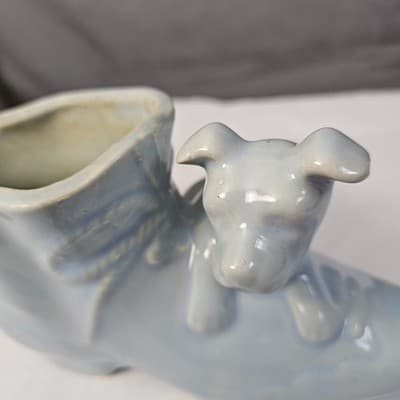 McCoy Dog Puppy with Victorian Shoe Light Blue MCM Planter Vintage - Thumbnail 4