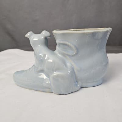 McCoy Dog Puppy with Victorian Shoe Light Blue MCM Planter Vintage - Thumbnail 5