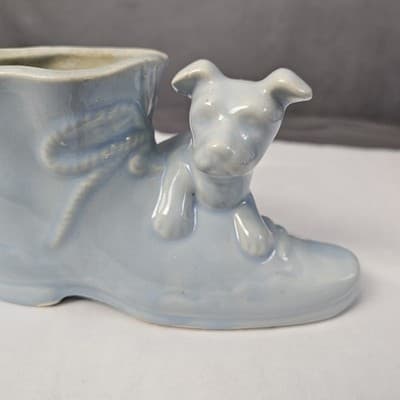 McCoy Dog Puppy with Victorian Shoe Light Blue MCM Planter Vintage - Thumbnail 2