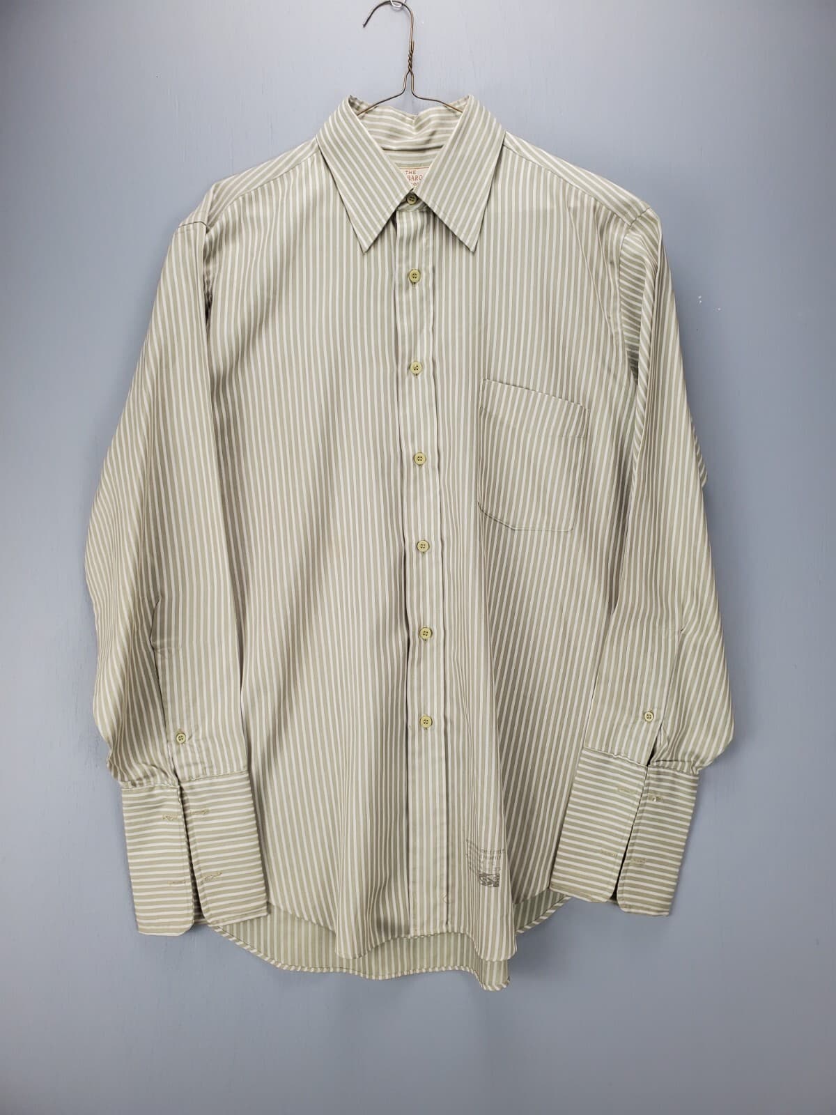 Grand Baroque Men's Button Up Dress Shirt 16 Pale Green White Vertical Stripes - Thumbnail 3