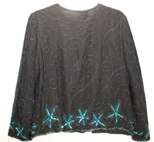 Nabi Womens Sequin XL Embroidery Vintage Black Turquoise Cover Up Silk Lining - Thumbnail 2