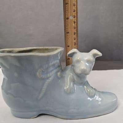 McCoy Dog Puppy with Victorian Shoe Light Blue MCM Planter Vintage - Thumbnail 10