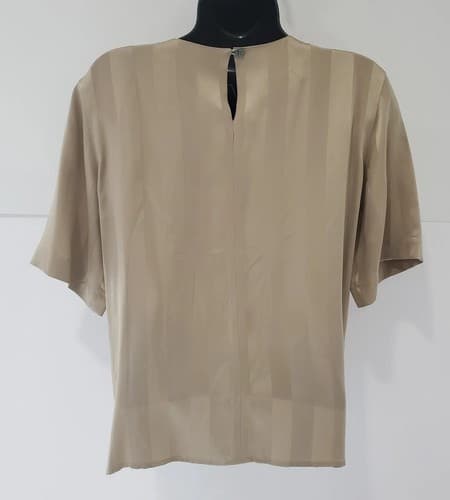 Womens Ann Klein 100% Silk Size 2 Petite Dress Shirt Light Tan Vertical Stripe - Thumbnail 2