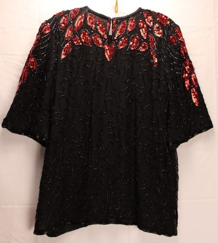 Veelam Silk Sequin Woman's Size Large Top Black Red Sequins - Thumbnail 2