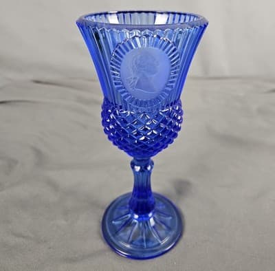 Vintage Fostoria George Washington Cobalt Blue Glass Goblet Wine Stemmed Glass - Thumbnail 2