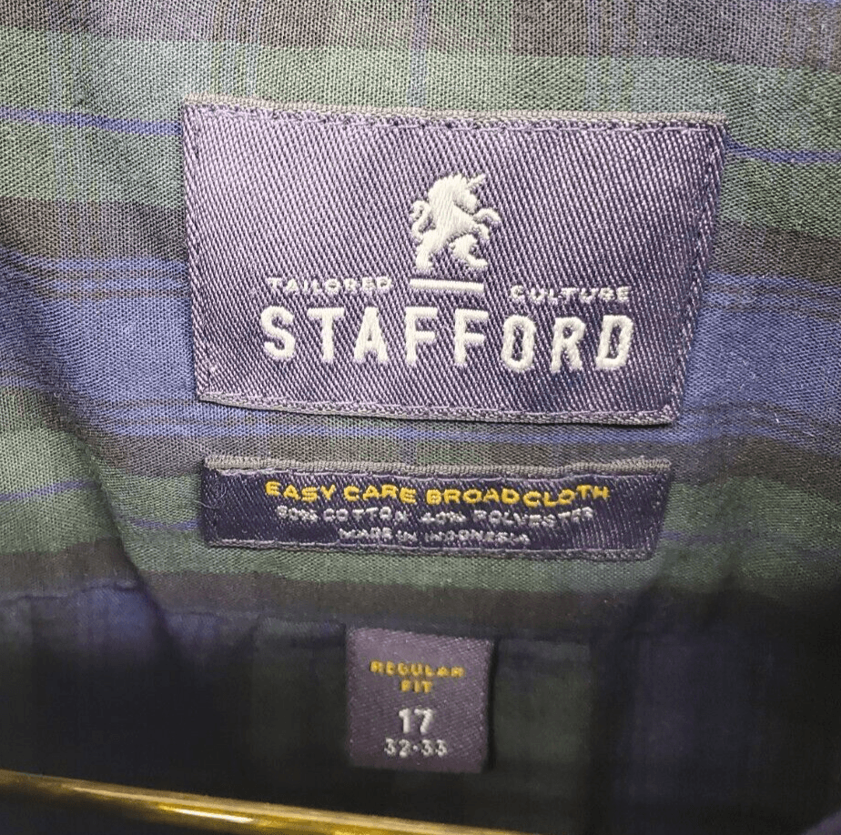 Stafford Mens Shirt Reg Fit 17 32-33 Blue Green Plaid Collar Front Pocket Button - Thumbnail 4