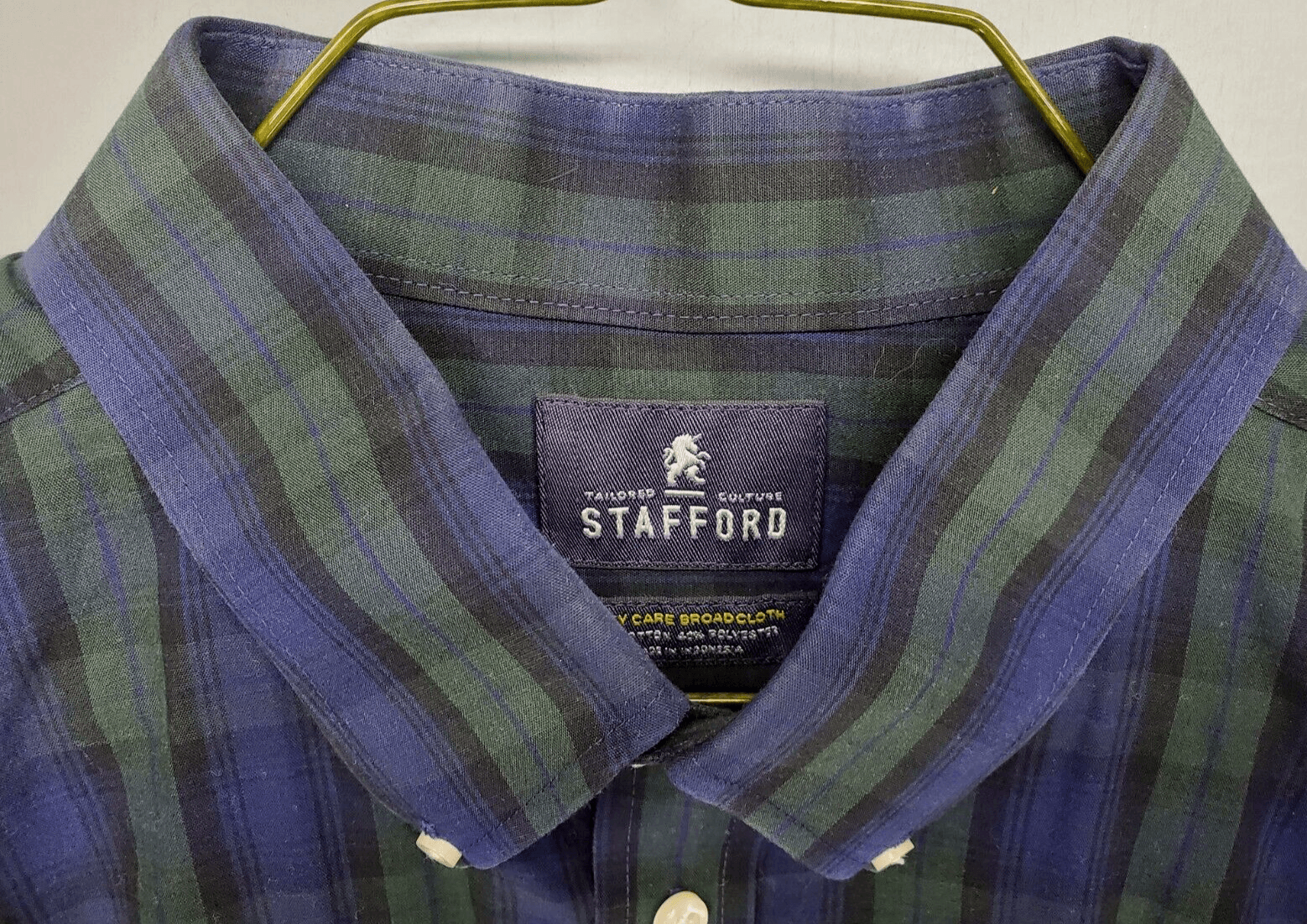 Stafford Mens Shirt Reg Fit 17 32-33 Blue Green Plaid Collar Front Pocket Button - Thumbnail 3