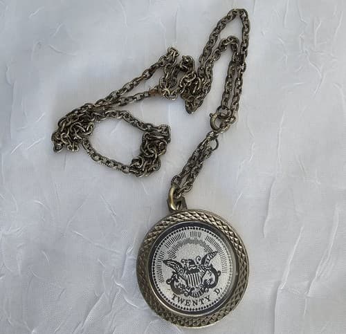 Vtg Bicentennial 1776 $20 Replica Coin Pendant Necklace Silver Tone 12” Chain - Thumbnail 4