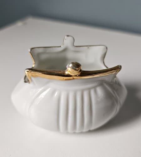 Mid Century Modern Pink Purse Trinket Dish Jewelry Holder Gold Trim Floral Small - Thumbnail 3