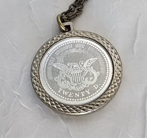 Vtg Bicentennial 1776 $20 Replica Coin Pendant Necklace Silver Tone 12” Chain - Thumbnail 3