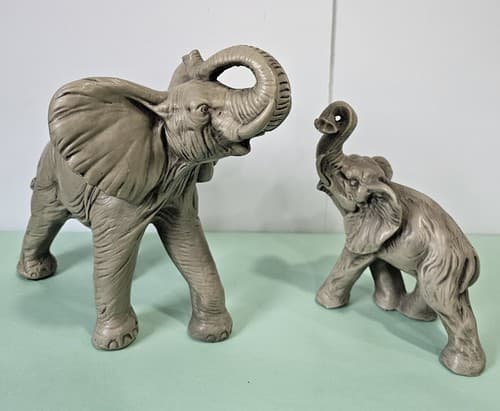 Vintage Porcelain Bisque Elephants Figurines Set Of 2 1981 Raised Trunks - Thumbnail 2