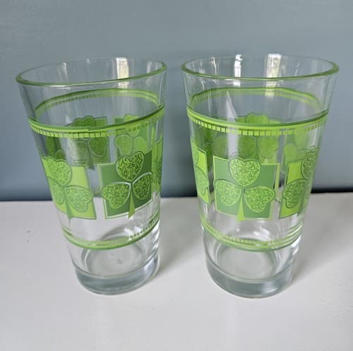Vintage Libbey Green Shamrock Clover Glasses Set of 2 St Patrick’s Day Tumblers - Thumbnail 2