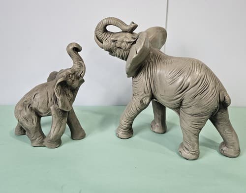 Vintage Porcelain Bisque Elephants Figurines Set Of 2 1981 Raised Trunks - Thumbnail 3