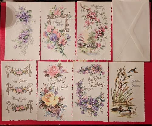 7 Vintage Occasion Cards With Flowers & Ducks 8 Envelopes Unused - Thumbnail 2