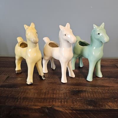 Vintage Ceramic Horse Planters Set of 3 Yellow White Green Mid Century MCM - Thumbnail 2