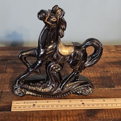 Vintage Ceramic Prancing Horse Figurine Black & Gold Gloss Rocking Horse MCM - Thumbnail 7