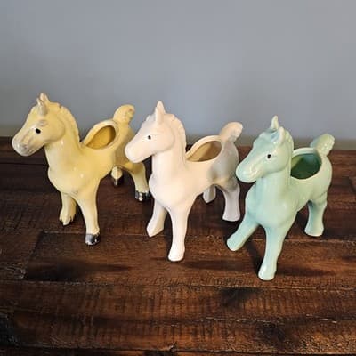 Vintage Ceramic Horse Planters Set of 3 Yellow White Green Mid Century MCM - Thumbnail 3