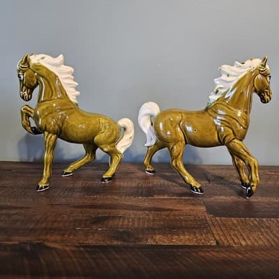 Vtg Ceramic Horse Figurines Pair White Main Tall Gloss Green Brown Mid Century - Thumbnail 5