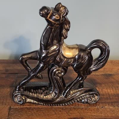 Vintage Ceramic Prancing Horse Figurine Black & Gold Gloss Rocking Horse MCM - Thumbnail 2
