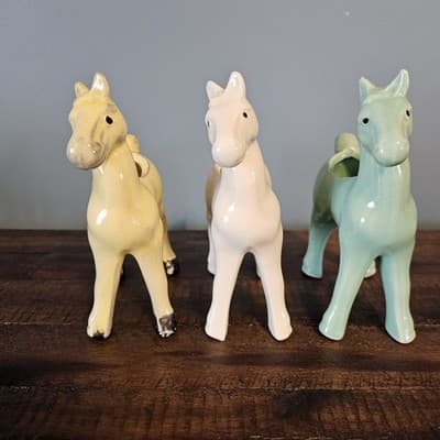 Vintage Ceramic Horse Planters Set of 3 Yellow White Green Mid Century MCM - Thumbnail 7