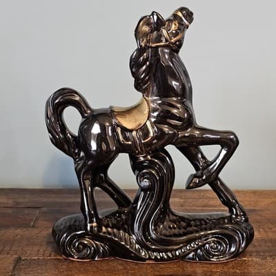 Vintage Ceramic Prancing Horse Figurine Black & Gold Gloss Rocking Horse MCM - Thumbnail 4