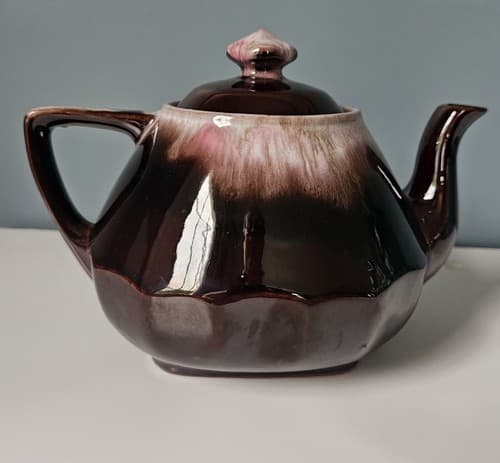 Vintage Lugenes Mini Teapot Brown Drip Glaze Pink Tint Small Ceramic w/ Lid - Thumbnail 4