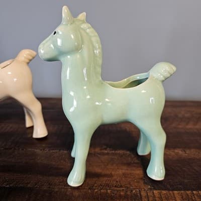 Vintage Ceramic Horse Planters Set of 3 Yellow White Green Mid Century MCM - Thumbnail 4