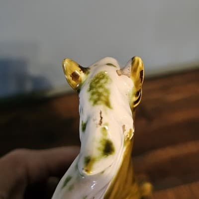 Vtg Ceramic Horse Figurines Pair White Main Tall Gloss Green Brown Mid Century - Thumbnail 13