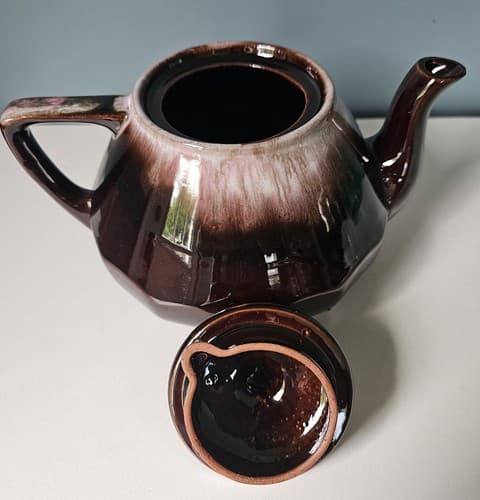 Vintage Lugenes Mini Teapot Brown Drip Glaze Pink Tint Small Ceramic w/ Lid - Thumbnail 5