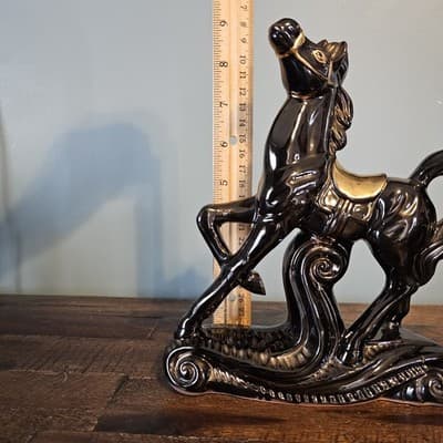 Vintage Ceramic Prancing Horse Figurine Black & Gold Gloss Rocking Horse MCM - Thumbnail 8