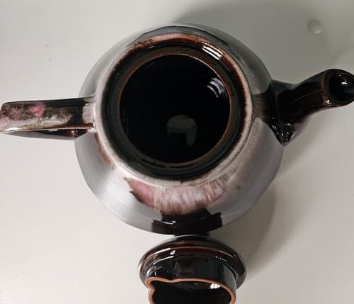 Vintage Lugenes Mini Teapot Brown Drip Glaze Pink Tint Small Ceramic w/ Lid - Thumbnail 6