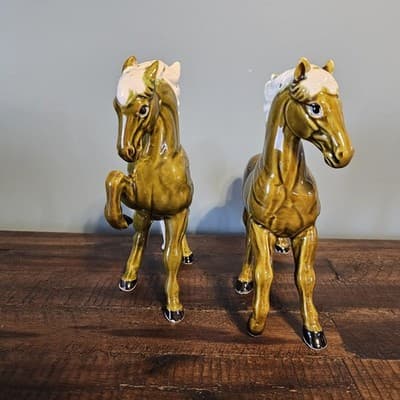 Vtg Ceramic Horse Figurines Pair White Main Tall Gloss Green Brown Mid Century - Thumbnail 4