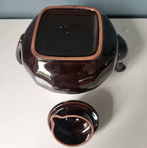 Vintage Lugenes Mini Teapot Brown Drip Glaze Pink Tint Small Ceramic w/ Lid - Thumbnail 7