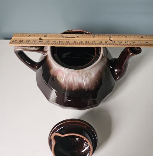 Vintage Lugenes Mini Teapot Brown Drip Glaze Pink Tint Small Ceramic w/ Lid - Thumbnail 8