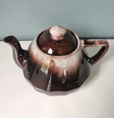 Vintage Lugenes Mini Teapot Brown Drip Glaze Pink Tint Small Ceramic w/ Lid - Thumbnail 2