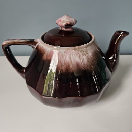 Vintage Lugenes Mini Teapot Brown Drip Glaze Pink Tint Small Ceramic w/ Lid - Thumbnail 3