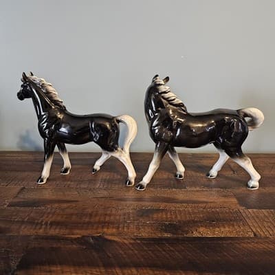 Vintage Japan Ceramic Horse Figurines Pair Black & White Glossy Mid Century - Thumbnail 7