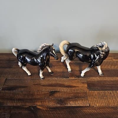 Vintage Japan Ceramic Horse Figurines Pair Black & White Glossy Mid Century - Thumbnail 5